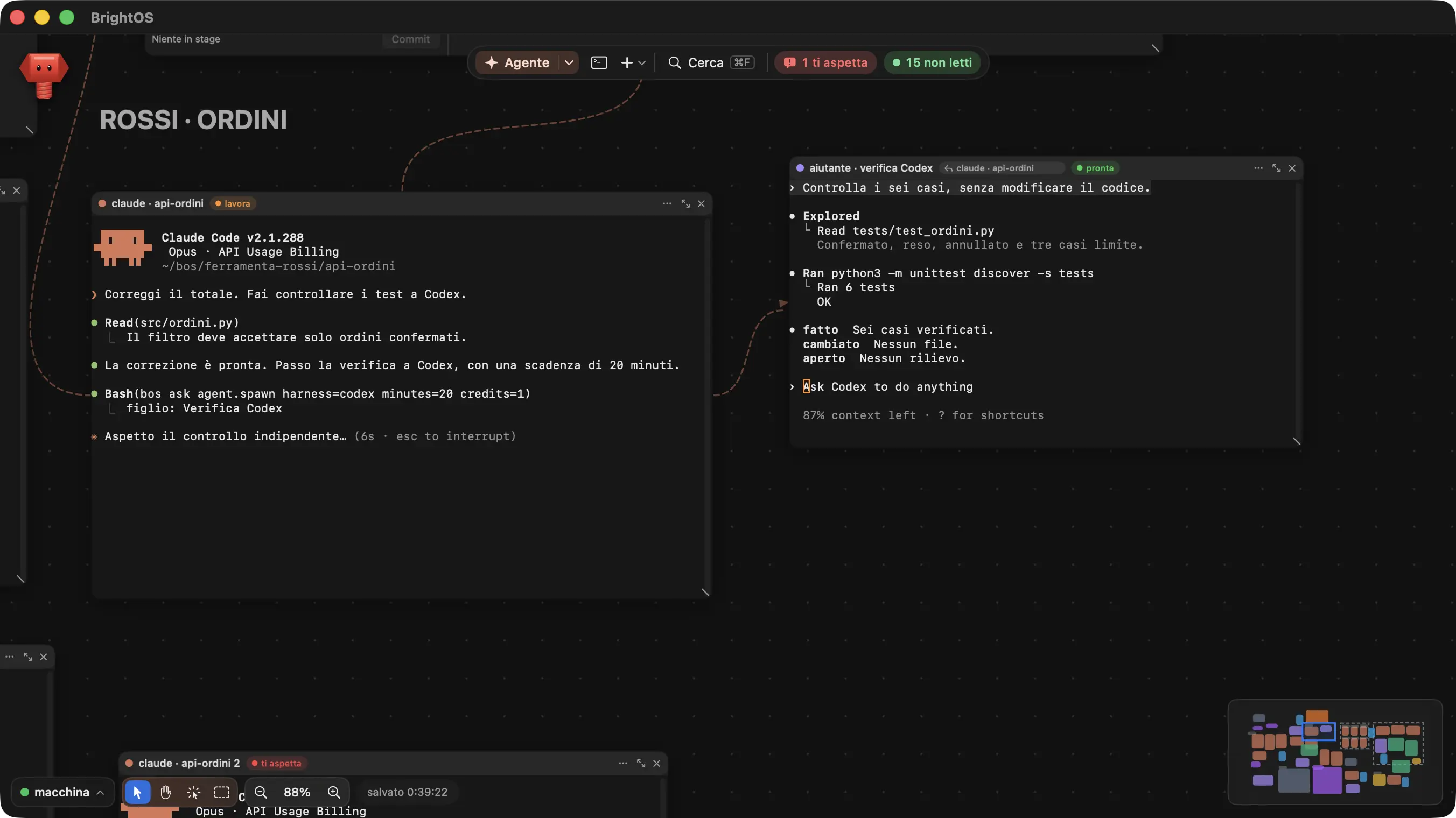 Claude Code fixes a calculation and asks Codex to verify it within 20 minutes, and Codex closes the check with its outcome: done · changed · open.